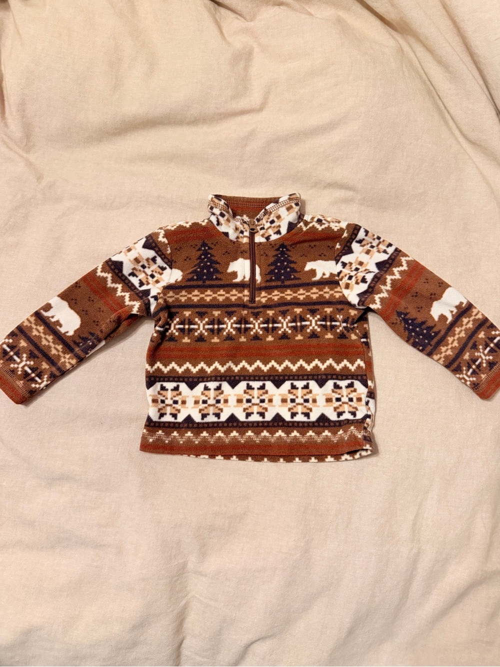 Kids Brown Polar Bear Fair Isle Quarter‑Zip Pullover